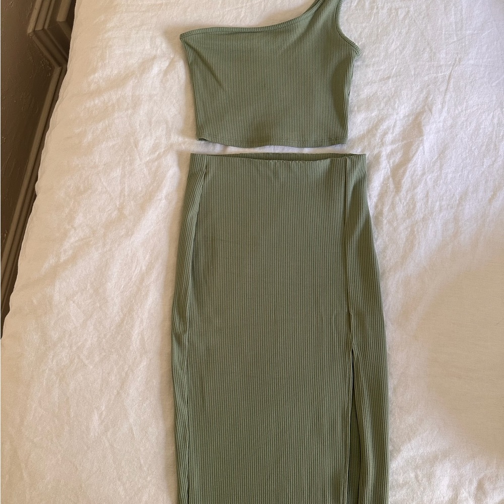 Olive Green One-Shoulder Two-Piece Set